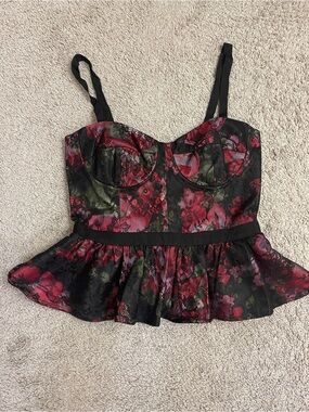 Pearl Georgia Chapman Floral Lace Peplum Bustier Top - Black and Red